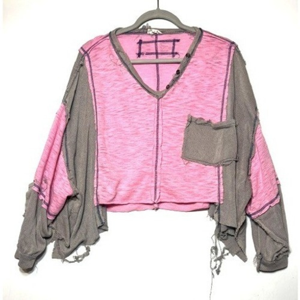 POL Clothing Pink Grey Deconstructed Boho Cropped Knit Top YKT733A Small